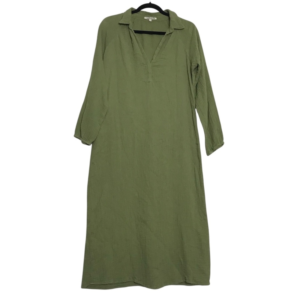 Natura Green Gauzy Cotton Long Sleeve Maxi Shift Dress Size L Lagenlook Granola